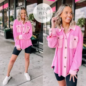 A Place To Unwind Button Up Waffle Knit Shacket in Pink