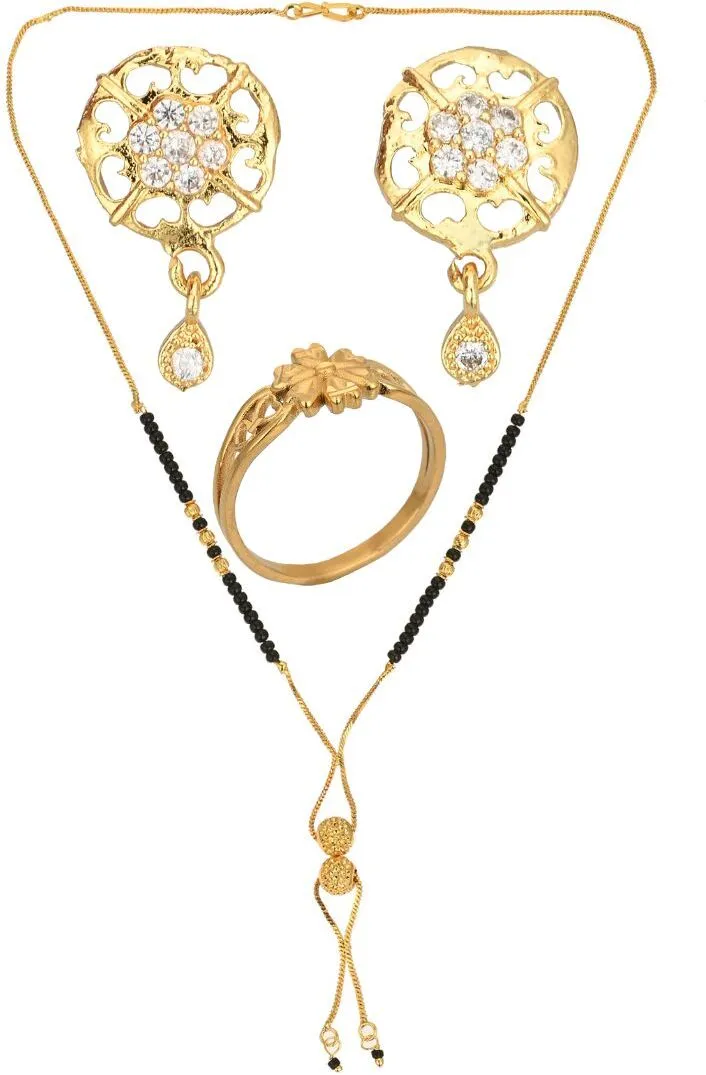 AanyaCentric Gold-plated Jewelry Combo: Elegant Short Mangalsutra, Finger Ring, and American Diamond Earrings Set