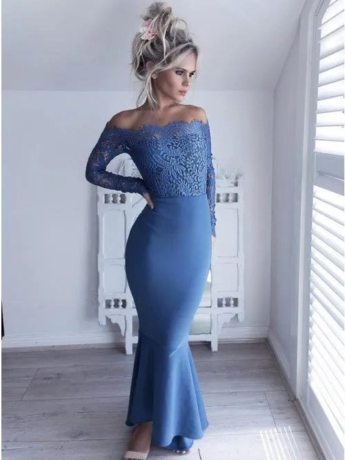 Affordable Long Sleeves Lace Off the Shoulder Mermaid Long Prom Dress, PD0130