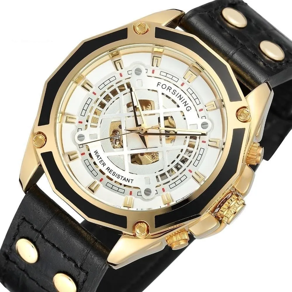 Automatic Self-Wind Luxury Men's Trendy Watch with Genuine Leather Strap