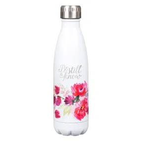 Be Still & Know White Floral Stainless Steel Water Bottle - Psalm 46:10