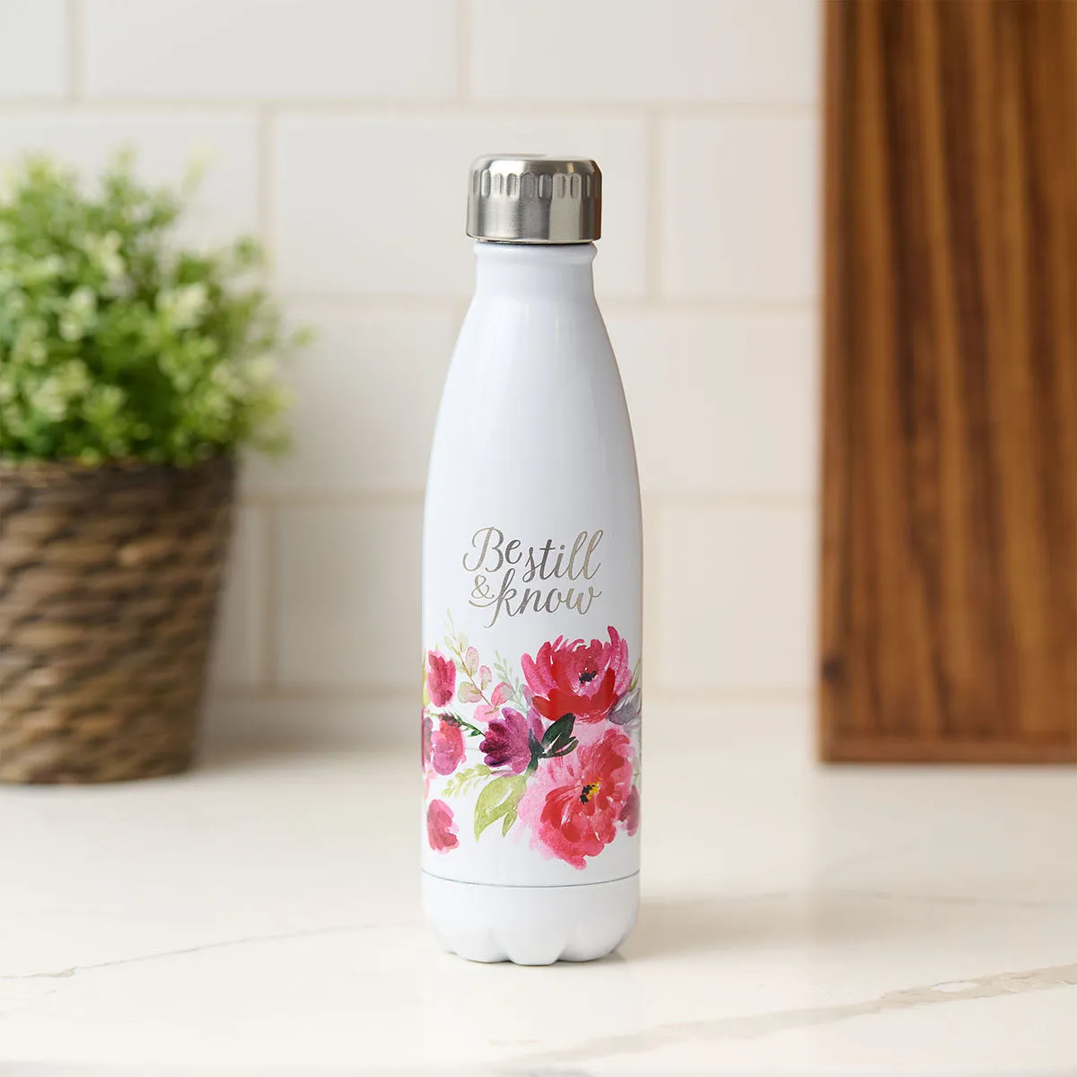 Be Still & Know White Floral Stainless Steel Water Bottle - Psalm 46:10