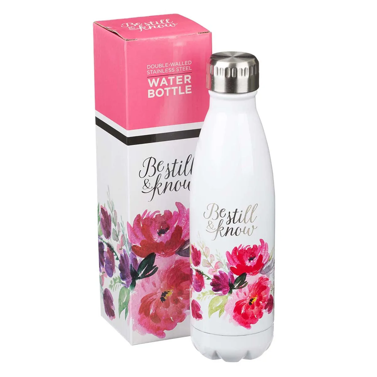 Be Still & Know White Floral Stainless Steel Water Bottle - Psalm 46:10