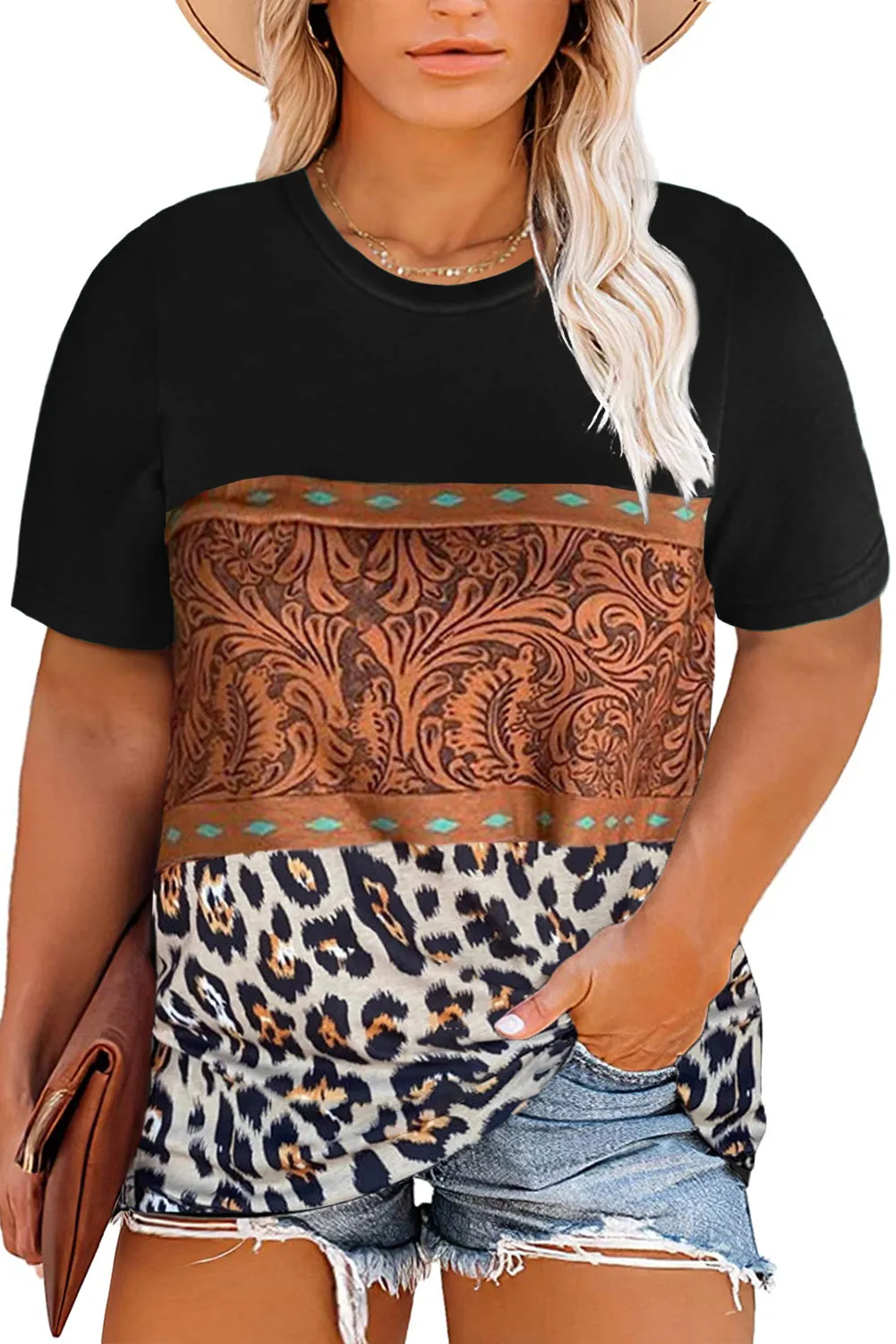 Black Marble Print Buckstitch Splicing Color Block Plus Size T-shirt