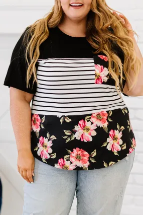 Black Plus Size Splicing Block Stripe Floral Short Sleeve Top