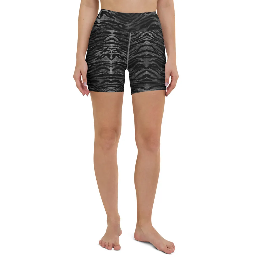 Black Tiger Striped Yoga Shorts, Animal Print Women's Short Gym Tights-Made in USA/EU