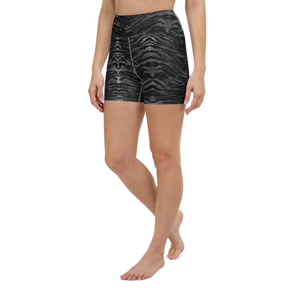 Black Tiger Striped Yoga Shorts, Animal Print Women's Short Gym Tights-Made in USA/EU