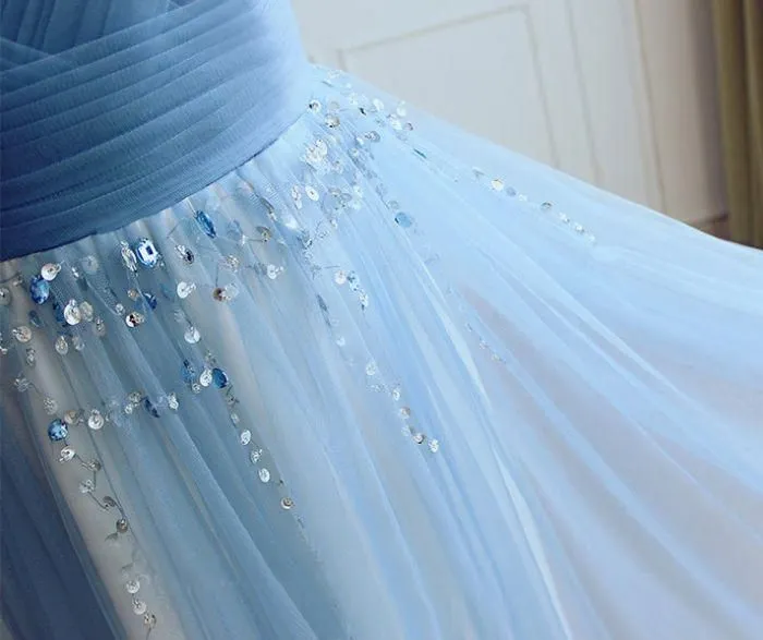 Blue V Neck Tulle Affordable Elegant Formal Long Prom Dresses, WG1007