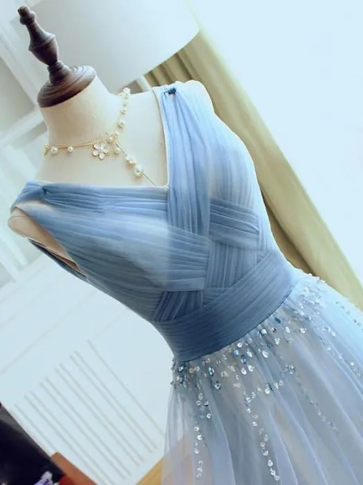 Blue V Neck Tulle Affordable Elegant Formal Long Prom Dresses, WG1007