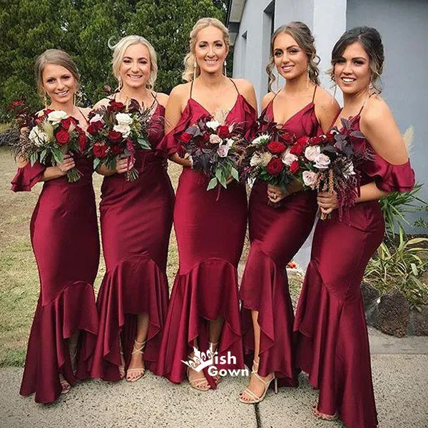 Burgundy Champagne Off Shoulder Spaghetti Strap Mermaid Soft Satin Bridesmaid Dresses, WGM031