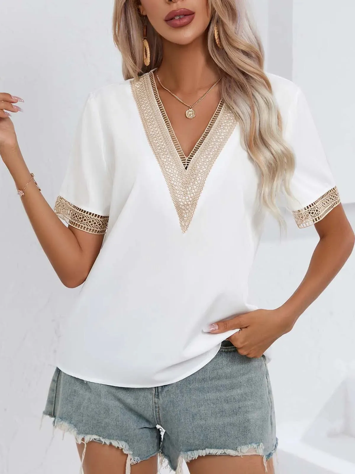 Casual Loose Short Sleeve Elegant V Neck Chiffon Splicing Lace Top