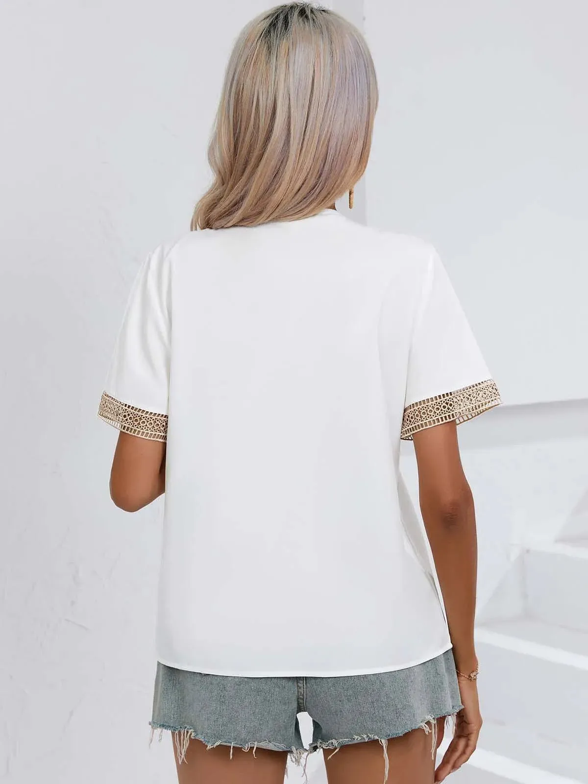 Casual Loose Short Sleeve Elegant V Neck Chiffon Splicing Lace Top