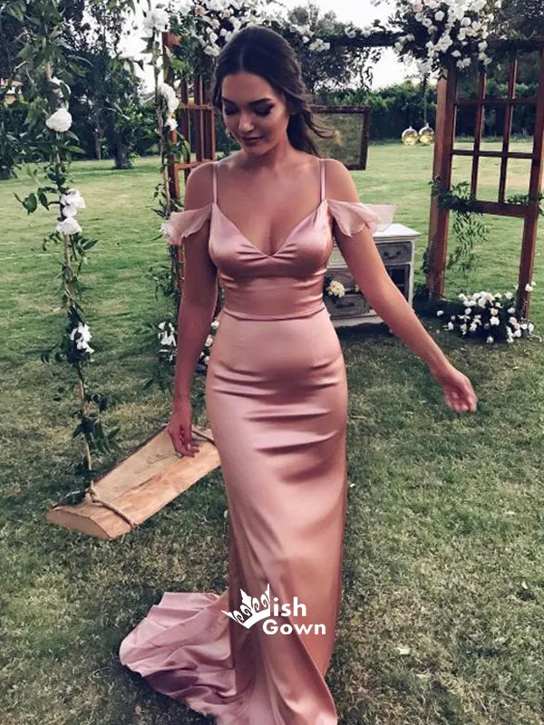 Dusty Rose Off Shoulder Spaghetti Strap Satin Mermaid Wedding Guest Bridesmaid Dresses, WGM028