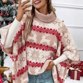 Elegant Oversized Batwing Sleeve Rib Knit Turtleneck Poncho Christmas Sweater