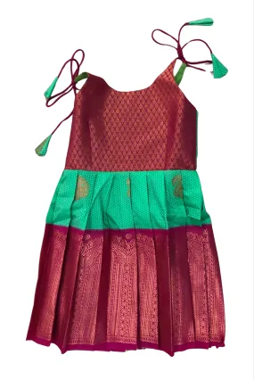 Elegant Purple and Green Silk Tie Up Frock with Golden Zari for Kids