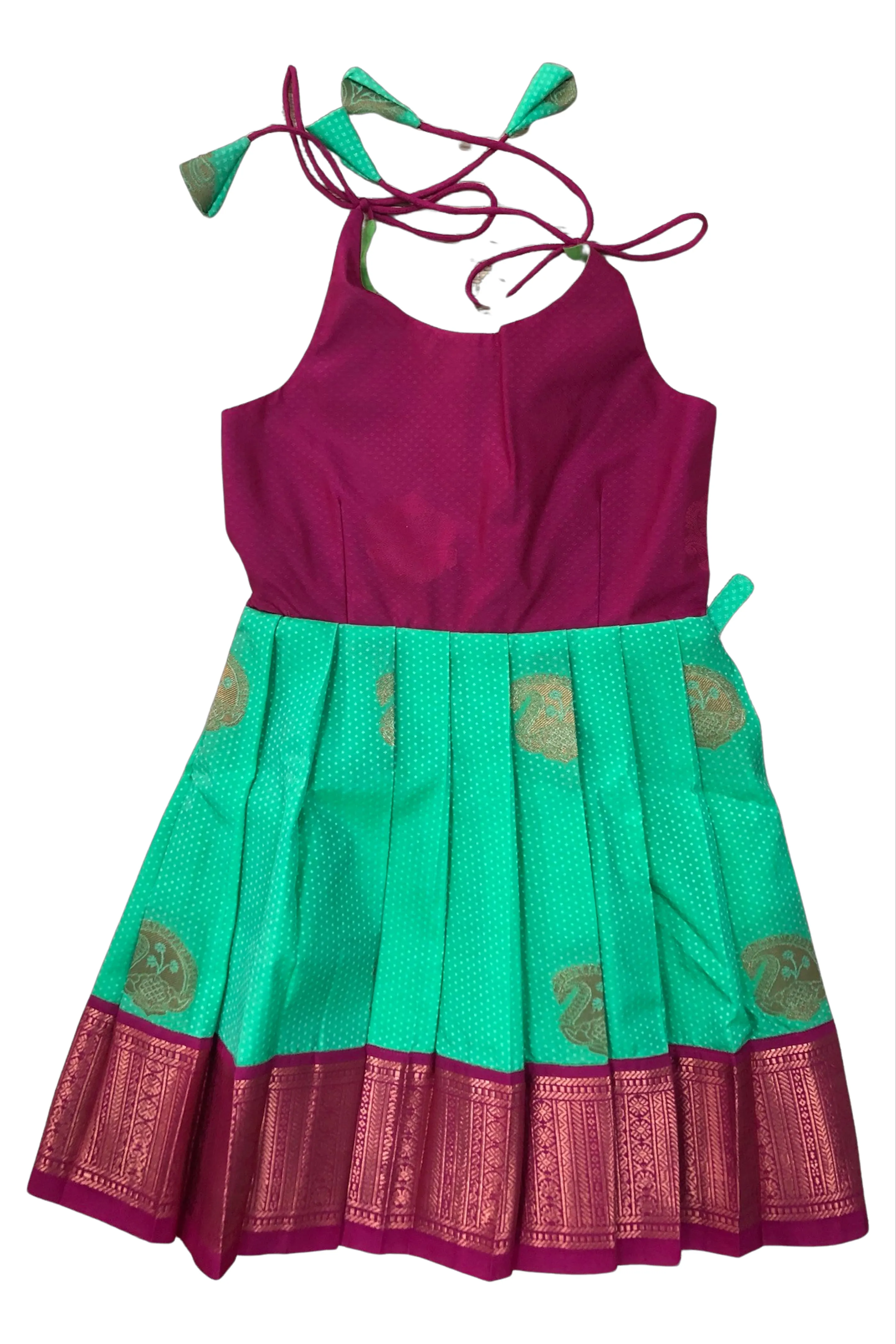 Elegant Purple and Green Silk Tie Up Frock with Golden Zari for Kids