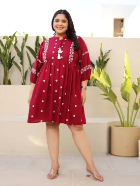 Juniper Rayon Wine Cross Stitched Embroidered Plus Size Short Dress With Dori Tie Ups & Tassels