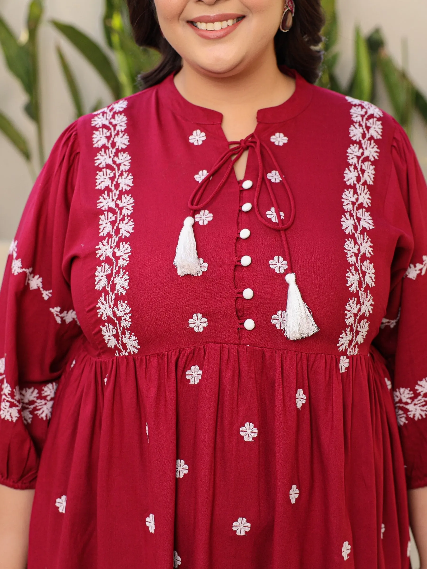 Juniper Rayon Wine Cross Stitched Embroidered Plus Size Short Dress With Dori Tie Ups & Tassels