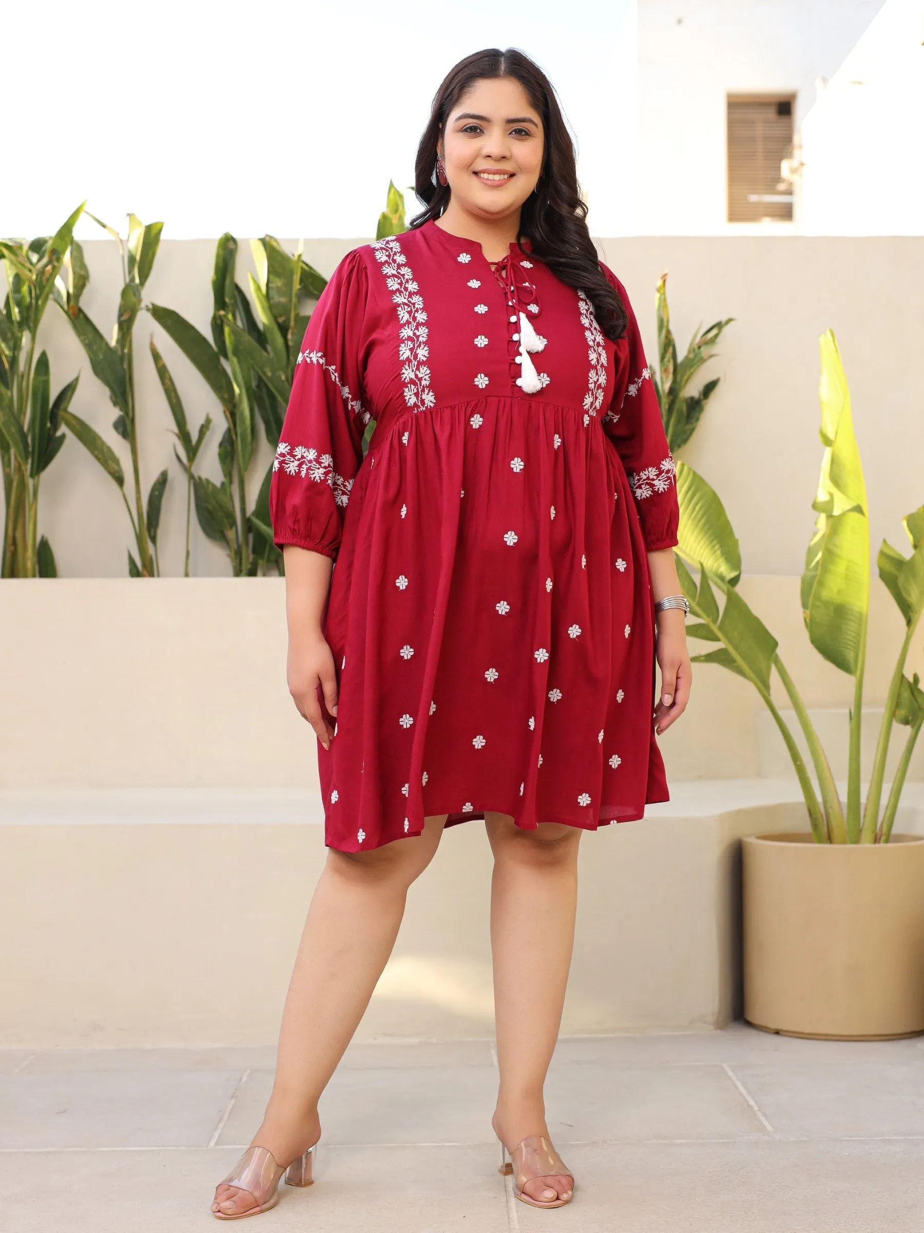 Juniper Rayon Wine Cross Stitched Embroidered Plus Size Short Dress With Dori Tie Ups & Tassels