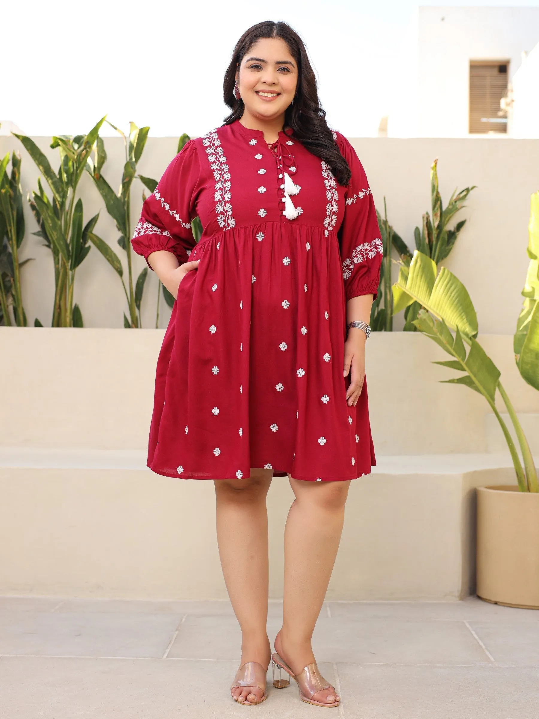 Juniper Rayon Wine Cross Stitched Embroidered Plus Size Short Dress With Dori Tie Ups & Tassels