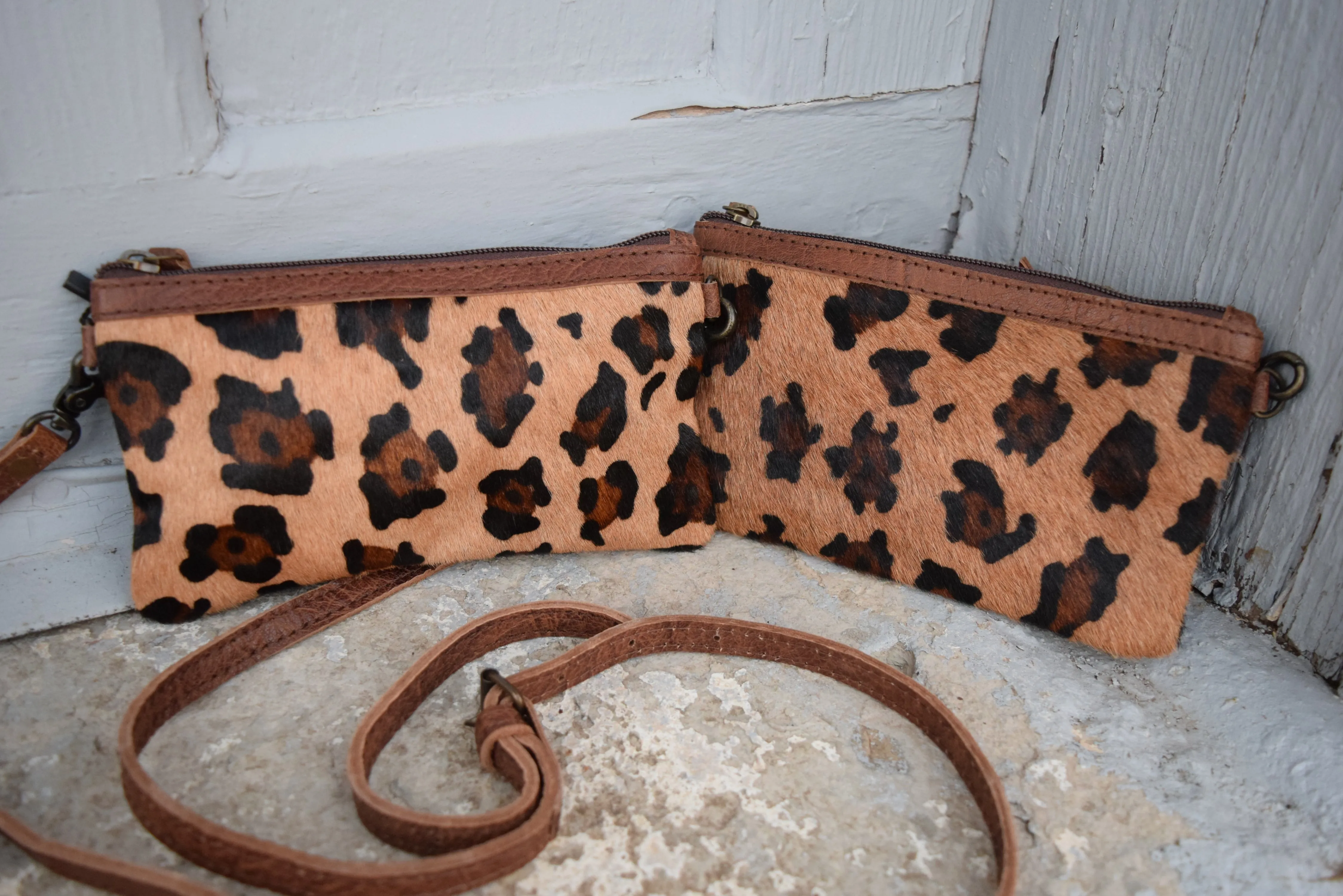 Leopard Acid Washed Cowhide Clutch Purse