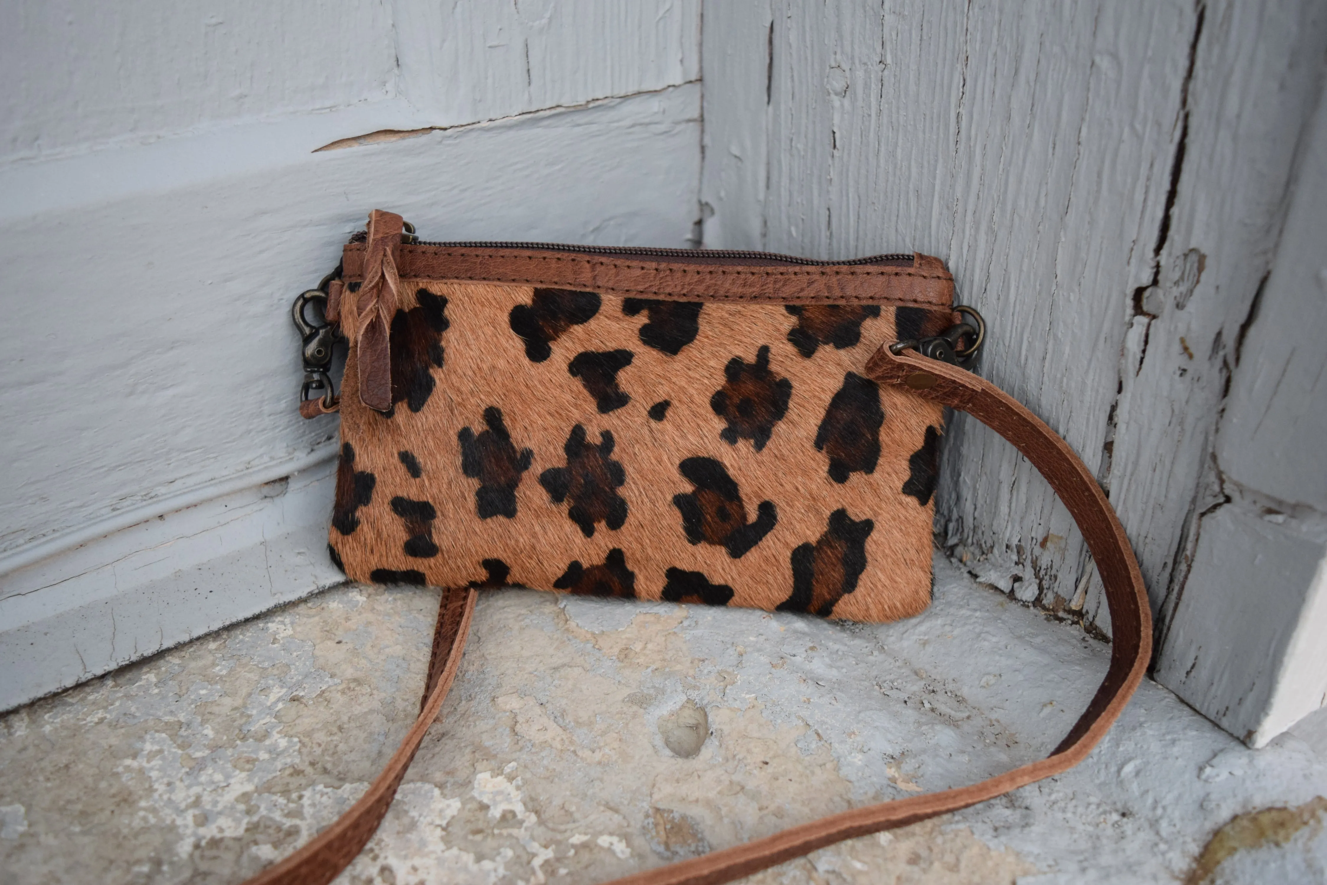 Leopard Acid Washed Cowhide Clutch Purse