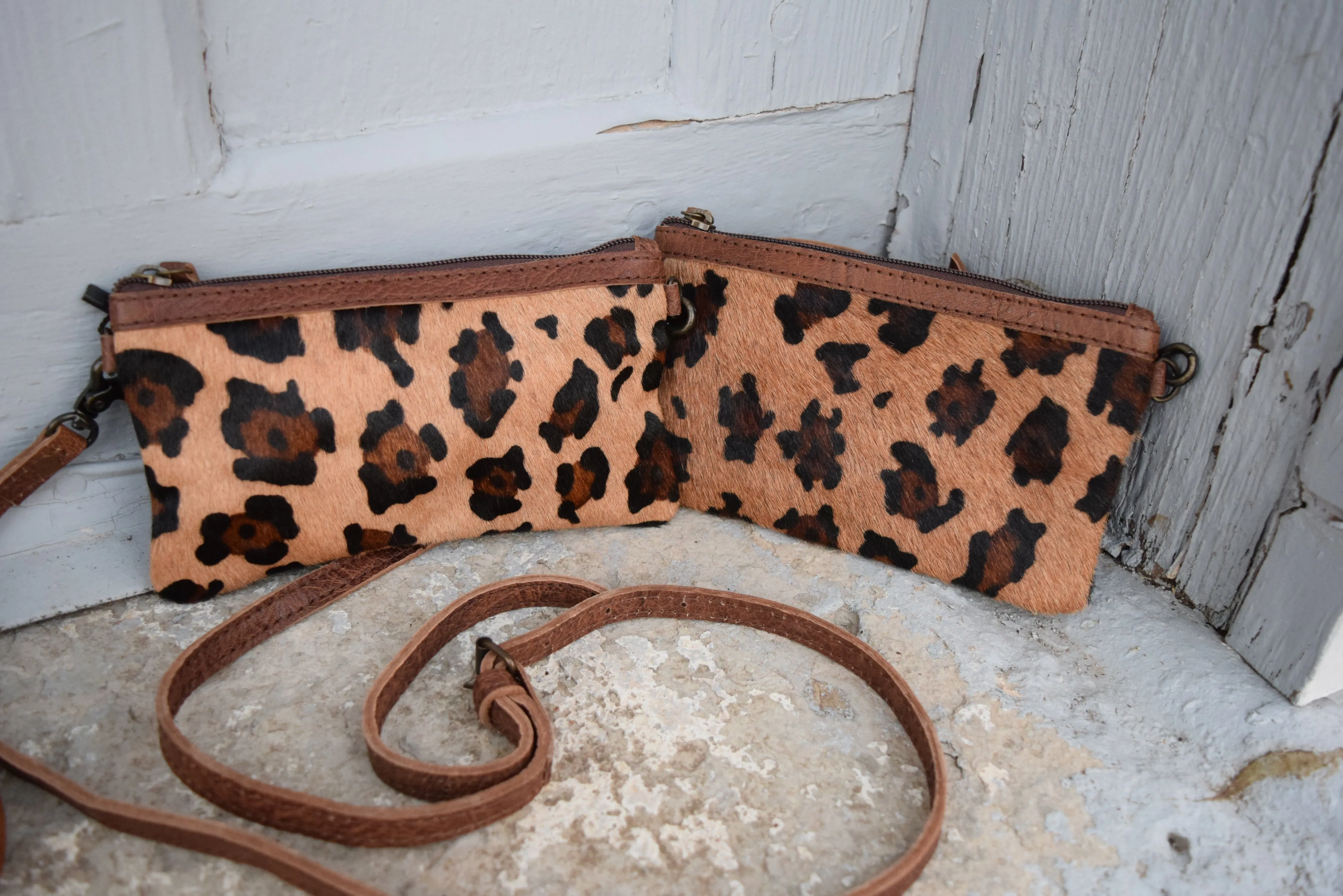 Leopard Acid Washed Cowhide Clutch Purse