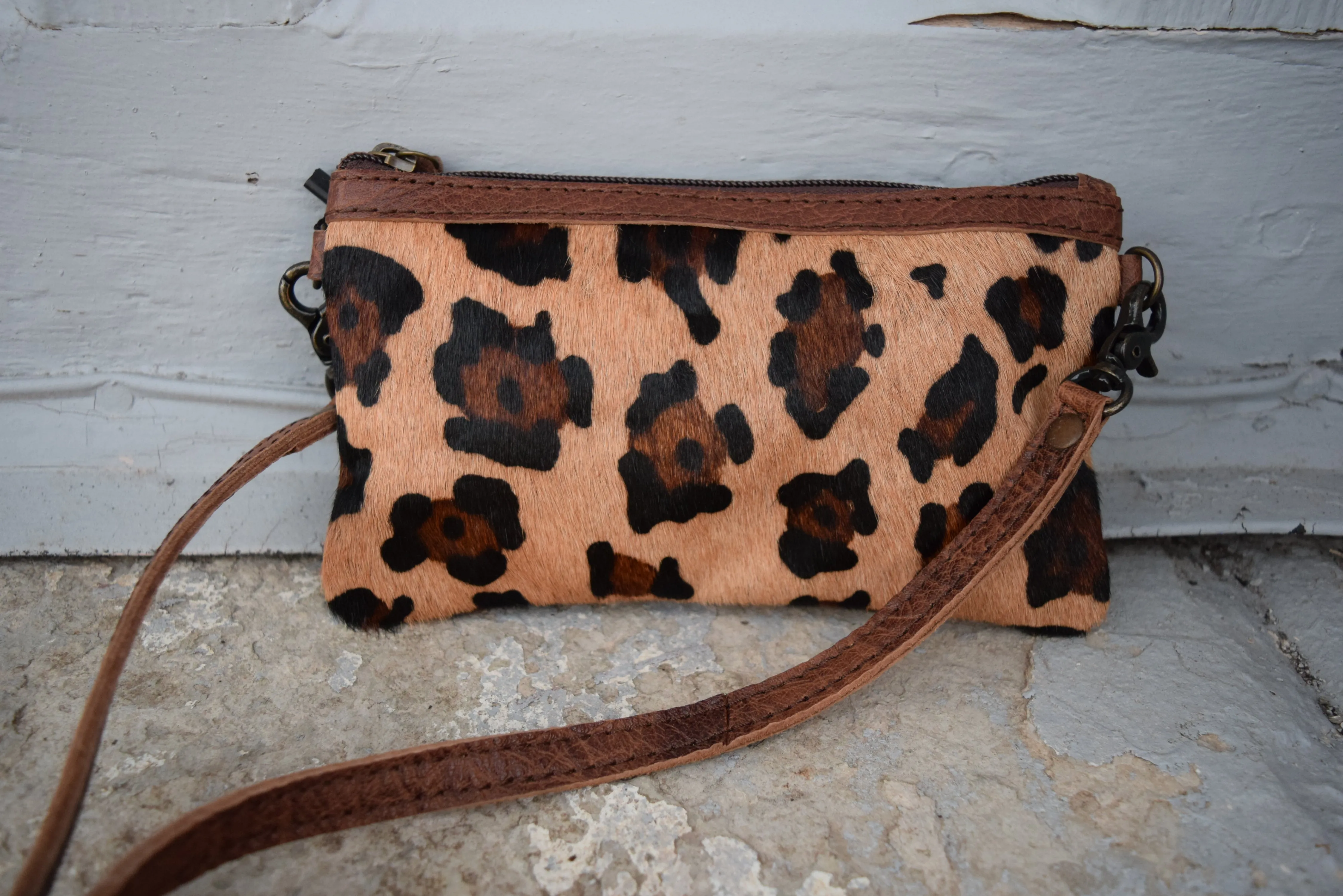 Leopard Acid Washed Cowhide Clutch Purse