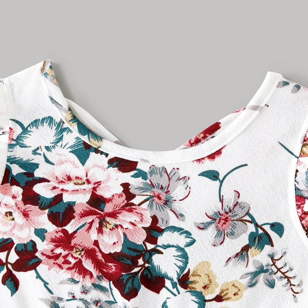 Matching Family Outfit - Floral Print Strap Dresses and T-Shirts Set