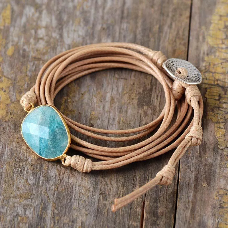 Natural Amazonite Charm Wax Cord Wrap Bracelet - 2 colours