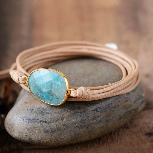 Natural Amazonite Charm Wax Cord Wrap Bracelet - 2 colours