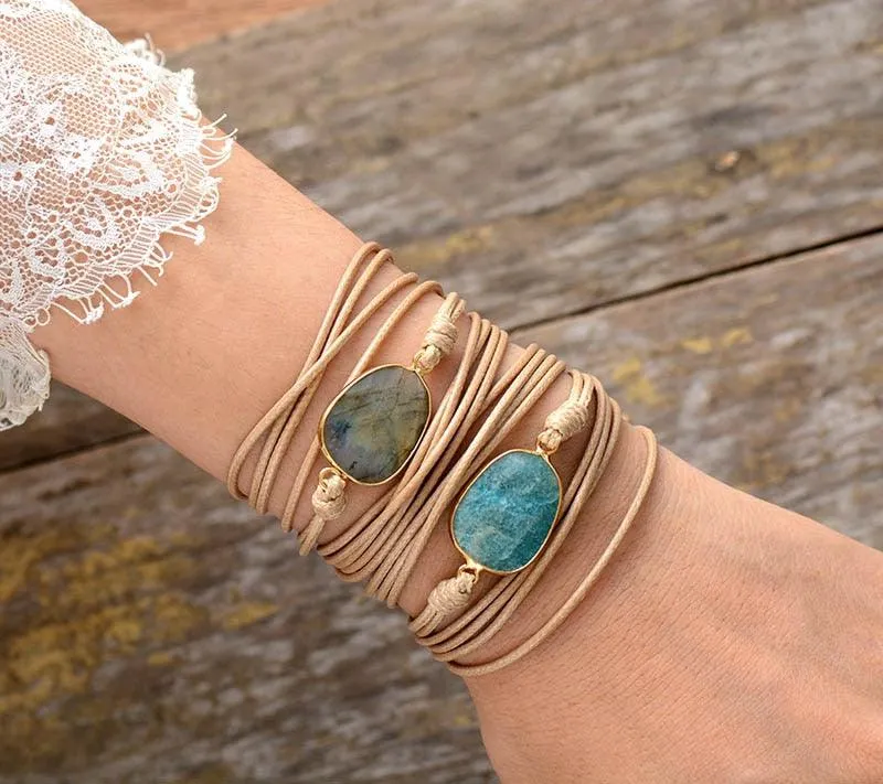 Natural Amazonite Charm Wax Cord Wrap Bracelet - 2 colours