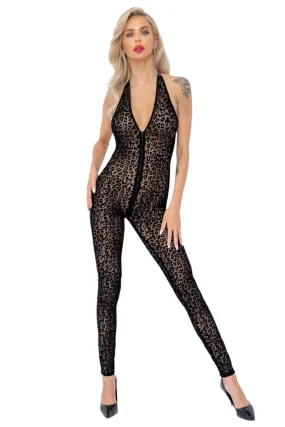 Noir Handmade Leopard Flock Halter Catsuit