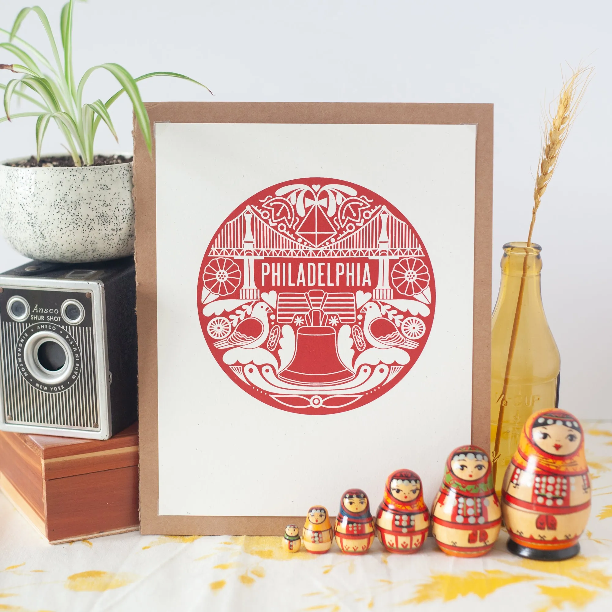 Philadelphia art print, red Philly icons art print, Pennsylvania Dutch inspired art for gallery wall