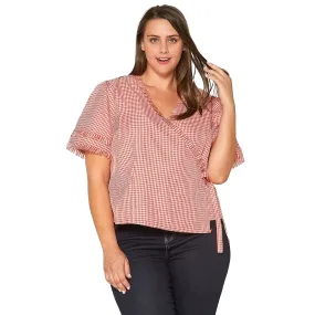 Plus Size Fringe Trim Gingham Wrap Blouse in Red Gingham