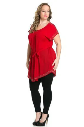 Red Plus Size Beaded Detail Short Sleeve Waist Tie Shirt Dress