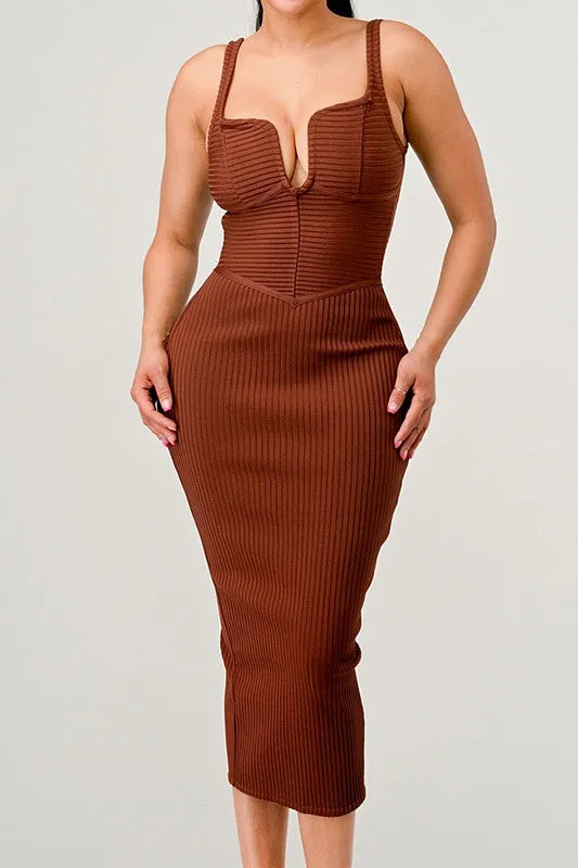 Ribbed Bandage Midi Dress in Brown