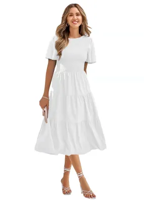 Round Neck Smocked Short Sleeve Casual Dress Swing Flowy Ruffle Hem Mini Beach Summer Dresses