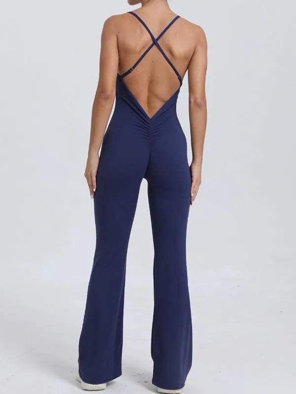 ZASUWA Female Cross Back V-shaped Waist Scrunch Bum Flare Jumpsuit