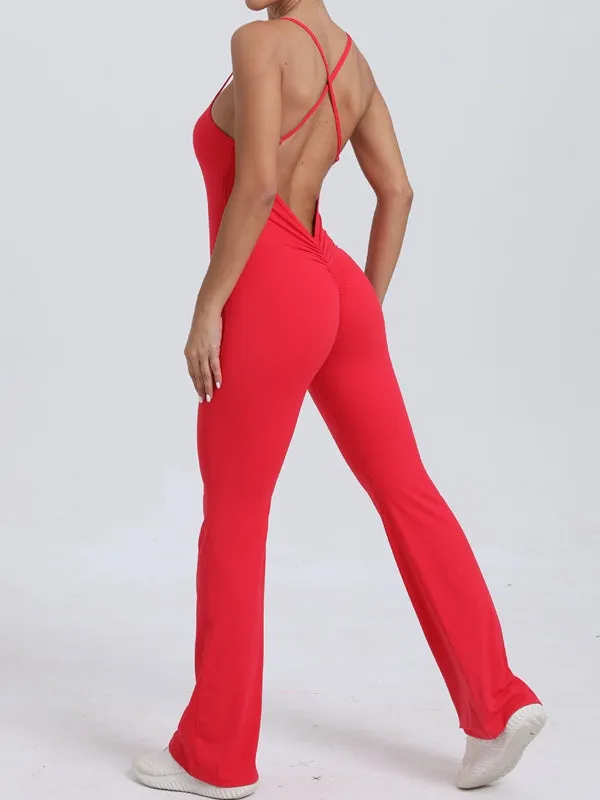 ZASUWA Female Cross Back V-shaped Waist Scrunch Bum Flare Jumpsuit