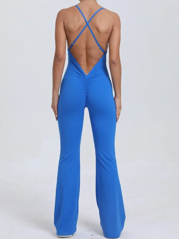 ZASUWA Female Cross Back V-shaped Waist Scrunch Bum Flare Jumpsuit