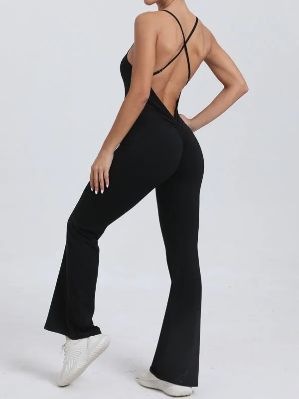 ZASUWA Female Cross Back V-shaped Waist Scrunch Bum Flare Jumpsuit