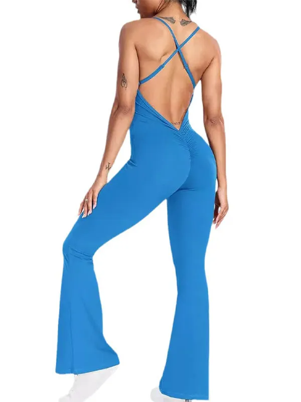 ZASUWA Female Cross Back V-shaped Waist Scrunch Bum Flare Jumpsuit