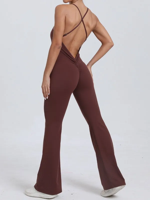 ZASUWA Female Cross Back V-shaped Waist Scrunch Bum Flare Jumpsuit